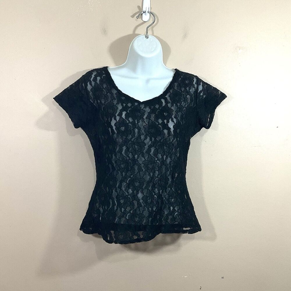 VTG Womens Sheer Lace Shirt M Black 90s Goth Whimsigoth Fairy Grunge Coquette